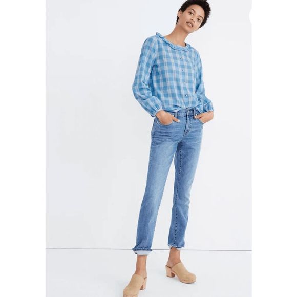 Madewell Tops - Madewell Button Down Shirt in Blue Plaid with Ruffle Collar in Size Small